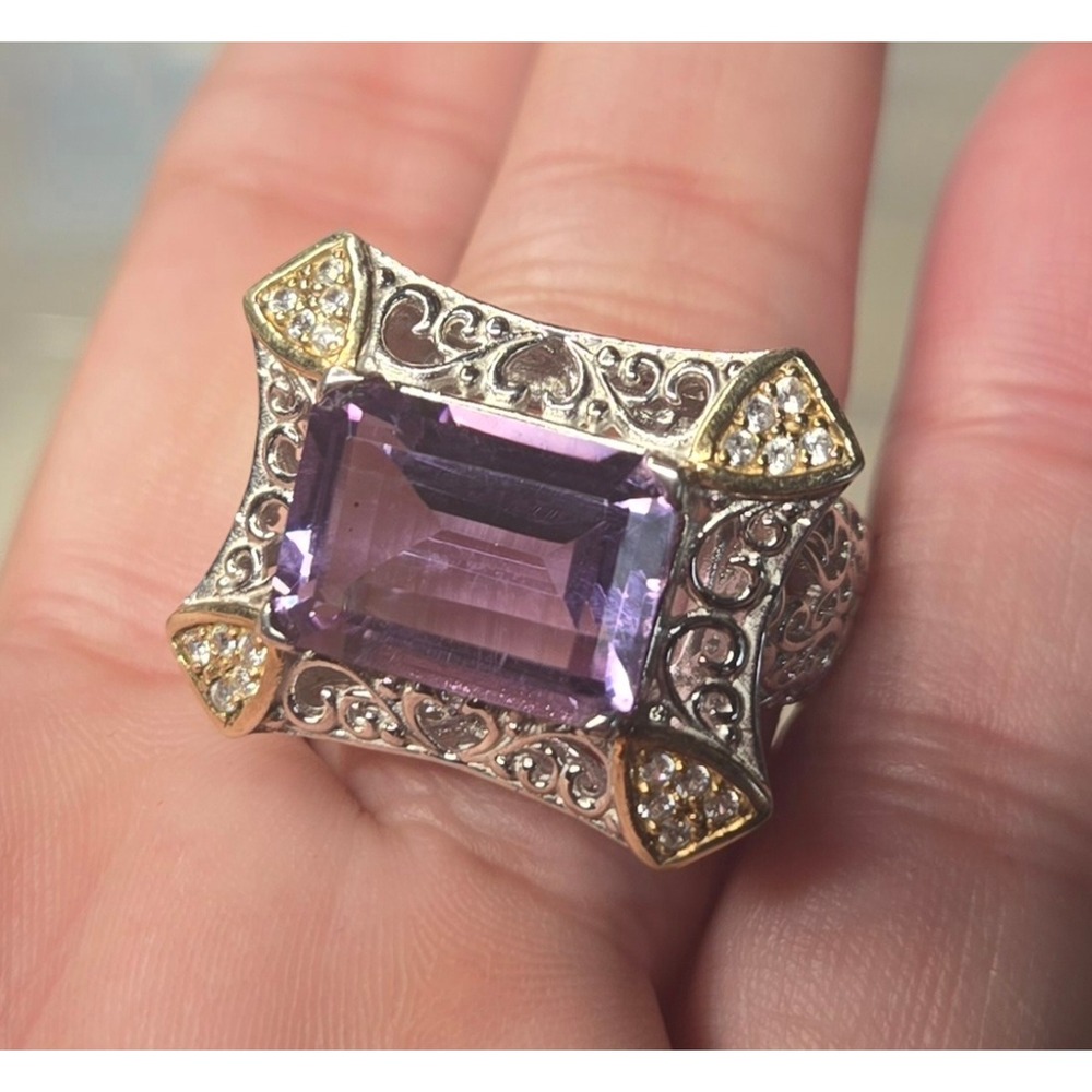 Dallas Prince 925 Silver 6.83ctw Amethyst White Zircon Filigree Ring Mens Womens